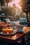 Breakfast in European street cafe - cup of coffee, orange juice and beautiful view