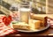 Breakfast with flakes, milk, coffee, toast, cheese and butter on a table with tablecloth with red and white squares