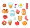 Breakfast food characters. Funny cartoon lunch apple eggs toast cake salt. Tasty breakfast comic friends vector set