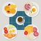 Breakfast food. Healthy everyday products menu croissant pancakes eggs sandwich milk juice vector cartoon style