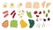 Breakfast food ingredients vector objects set. Design elements of vegetables, bread, bacon, eggs in flat style.