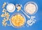 Breakfast foods on blue background