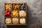 Breakfast foods in a wooden box overhead shot