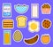 Breakfast fresh food and drinks flat icons set with coffee donut fruit juice tea cup isolated vector illustration