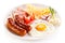 Breakfast - fried egg and sausages, cheese, ham and vegetables