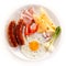 Breakfast - fried egg and sausages, cheese, ham and vegetables