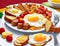 Breakfast with fried eggs, sausages, fruits and vegetables