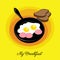 Breakfast icon. Cartoon illustration. Flat design. Form recipes. Fried eggs in a frying pan with sausage.