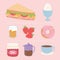 breakfast icons set, sandwich boiled egg juice coffee pot and cup