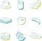 Breakfast icons set - waffles, croissant, sausage, pancakes, porridge, corn cereals, eggs, cold, hot drinks, beverages