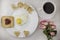 Breakfast for lovers, scrambled eggs,coffee, roses shape