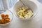 Breakfast: Mashed banana and apricot on table