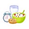Breakfast Meal With Milk, Cereals And Clock, Set Of School And Education Related Objects In Colorful Cartoon Style