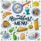 Breakfast menu design elements. Vector doodle illustration. Calligraphy lettering and traditional breakfast meal