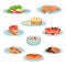 Breakfast menu food set, acon, fried eggs, croissant, sandwich, pancakes, muesli, wafers vector Illustration on a white