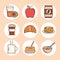 breakfast menu ingredient juice bread apple cereal icons set line and fill style