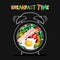 Breakfast menu vector design. Fried eggs, bacon on plate with alarm clock on black background. Breakfast time concept.