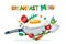 Breakfast menu vector design. Fried eggs, tomato, seasoning, frying pan and spatula. Morning recipe and cooking concept.