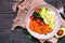 Breakfast nutrient bowl overhead view table scene