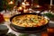 breakfast omelette in skillet full of vegetables, ham and chorizo cheese quiche in pan on wooden table