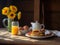 A breakfast of pancakes, bacon, eggs, and orange juice. AI generative image . American Breakfast.