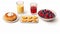 Breakfast with pancakes, raspberries, blueberries, banana slices and healthy juices isolated on white created with Generative AI