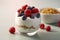 Breakfast parfait made from Greek yogurt and granola topped with fresh berries Generative AI