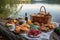 breakfast picnic with freshly baked pastries, fruits, and coffee on a serene lake shore