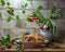 Breakfast with pies and a bouquet with cherry branches and berries on a wooden table