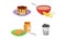 Breakfast with Pile of Pancakes, Oatmeal in Bowl and Sandwich with Peanut Butter Vector Set