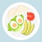 Breakfast on a plate boiled eggs with tomato avocado a slice of bread and herbs. top view flat vector illustration