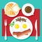 Breakfast Poster. Fried eggs, bacon, mushrooms, parsley, coffee, croissants, bread and butter on white plates