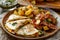 Breakfast quesadilla on wooden plate, mexican dishes picture