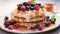 breakfast scene with pancakes, syrup, and berries on a pristine white background