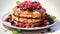 breakfast scene with pancakes, syrup, and berries on a pristine white background