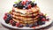 breakfast scene with pancakes, syrup, and berries on a pristine white background