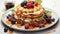 breakfast scene with pancakes, syrup, and berries on a pristine white background