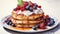 breakfast scene with pancakes, syrup, and berries on a pristine white background
