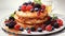 breakfast scene with pancakes, syrup, and berries on a pristine white background