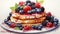 breakfast scene with pancakes, syrup, and berries on a pristine white background