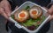 Breakfast of Scotch eggs and vegetable salad traditional pork & sage