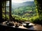 Breakfast set with coffee and tea on the table near window with natural sunshine and tropical rice field