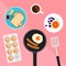 Breakfast set included bread butter jam and fried egg and sausage and orange on pastel pink background