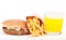 Breakfast set: orange juice, hamburger and french fries isolated on white background.