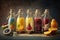 Breakfast smoothies of various flavors in miniature vintage bottles