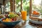 A breakfast spread with a fresh fruit bowl, crunchy granola, orange juice, and whole grain toast. Generative AI