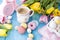 Breakfast in the spring morning. Yellow and pink tulips. A refrigerator. A coffee in a beautiful mug. Same eggs. Pascha. A dining