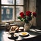 a breakfast table , a cup of coffee, a bread,red roses in a bottle - 1