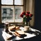 a breakfast table , a cup of coffee, a bread,red roses in a bottle - 1