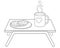 Breakfast table with a cup of coffee and a plate of cookies - vector linear illustration for coloring. Outline. The bedside table